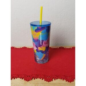 Starbucks Tumbler Cup 18oz 532ml Swirl Design Blue Lid Yellow Straw Giftable New